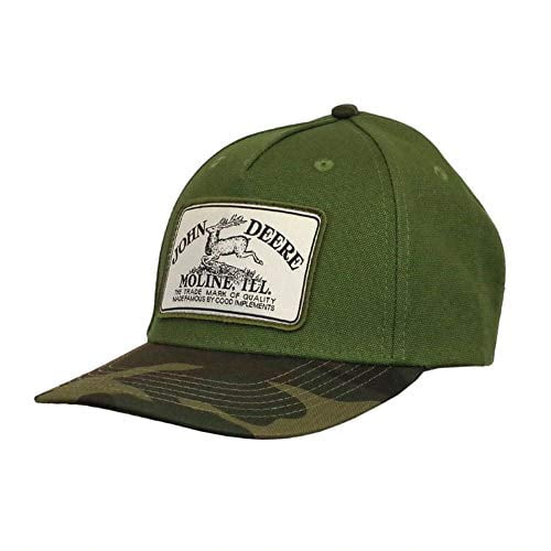 John Deere Vintage Logo Solid Backed Hat with Camo Bill Green John Deere Vintage Logo Solid Backed Hat with Camo Bill Green